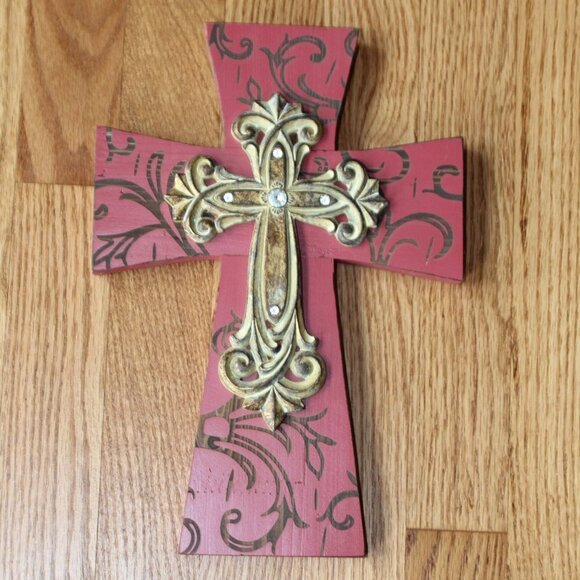 Hobby Lobby Decorative Red Wood and Golden Metal Cross - Picture 1 of 6
